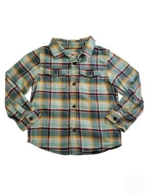 K1415 * Cat & Jack Boys Long Sleeve Plaid Flannel Button Down Green Red Size 5T